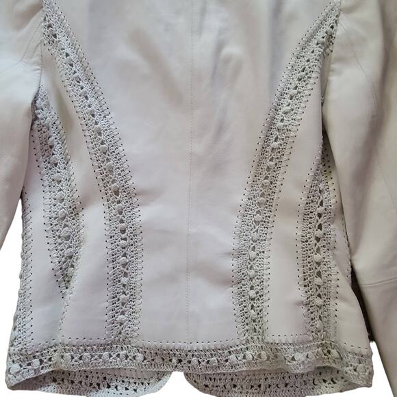 CATHERINE MALANDRINO Ivory Leather Jacket with Crochet Insets Women's Size P - Picture 8 of 14